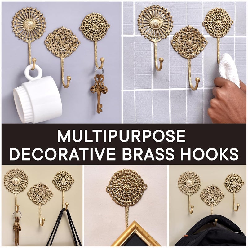 Indian-Shelf IndianShelf 3 Boho Wall Hooks Decorative Wall Hooks Brass Wall Hooks Shabby Chic Key Hooks Holder Coat Rack Wall Mount Gold Wall Hooks Vintage Wall Hooks Coat Hooks for Hanging Coats Gold Hooks - Image 5