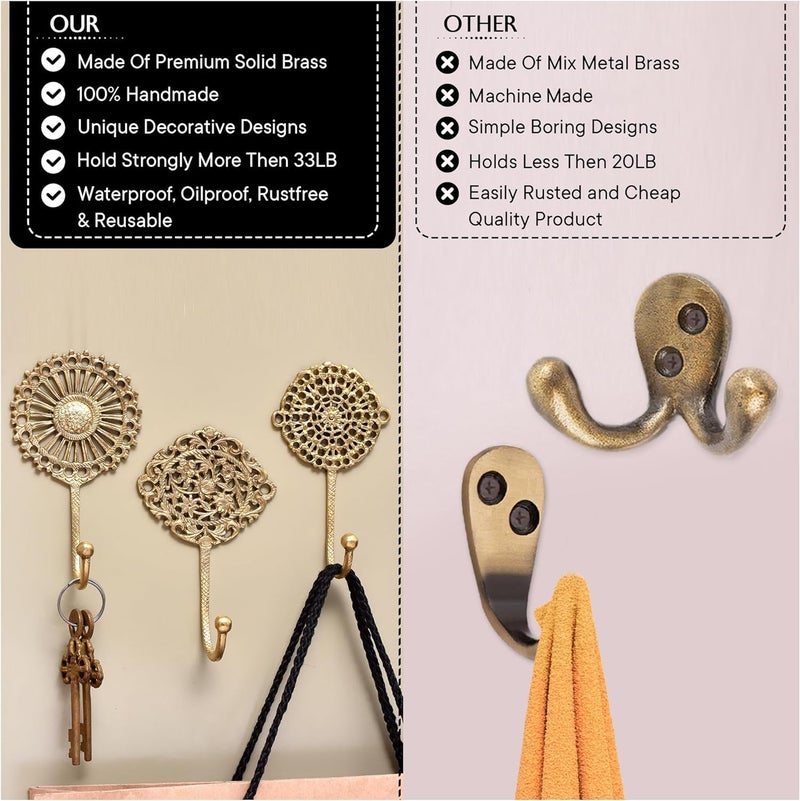Indian-Shelf IndianShelf 3 Boho Wall Hooks Decorative Wall Hooks Brass Wall Hooks Shabby Chic Key Hooks Holder Coat Rack Wall Mount Gold Wall Hooks Vintage Wall Hooks Coat Hooks for Hanging Coats Gold Hooks - Image 4