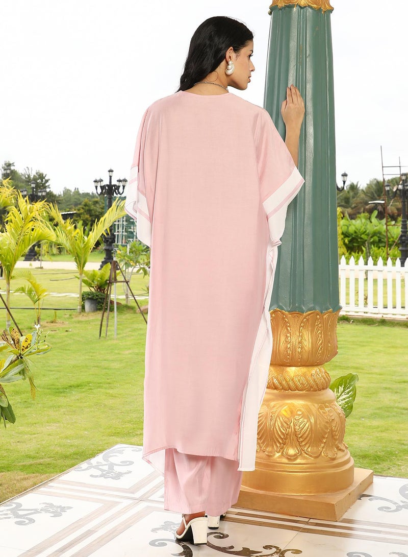 QISSA Women's Panel-Striped Kaftan Kurta Set For Ethnic Wear | V-Neck, Quarter Kimono Sleeves | Stripes Woven Fabric | 2 Piece Kurta Set Designed For Casual & Evening Wear - Image 5