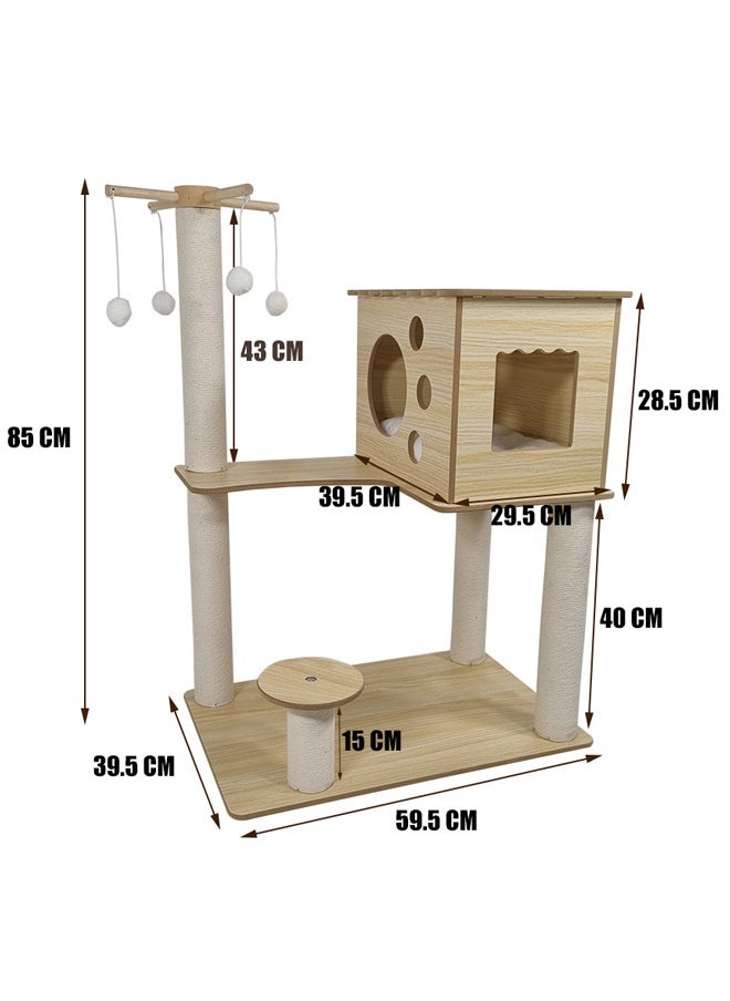 MAJIBAO - Cat Tree Modern Cat Tower for Indoor Cats, Multilevel Cat Play House with Large Condo, Scratching Post and Dangling Balls, MDF Cat tree tower, Wooden Cat tree, 85cm - Image 1