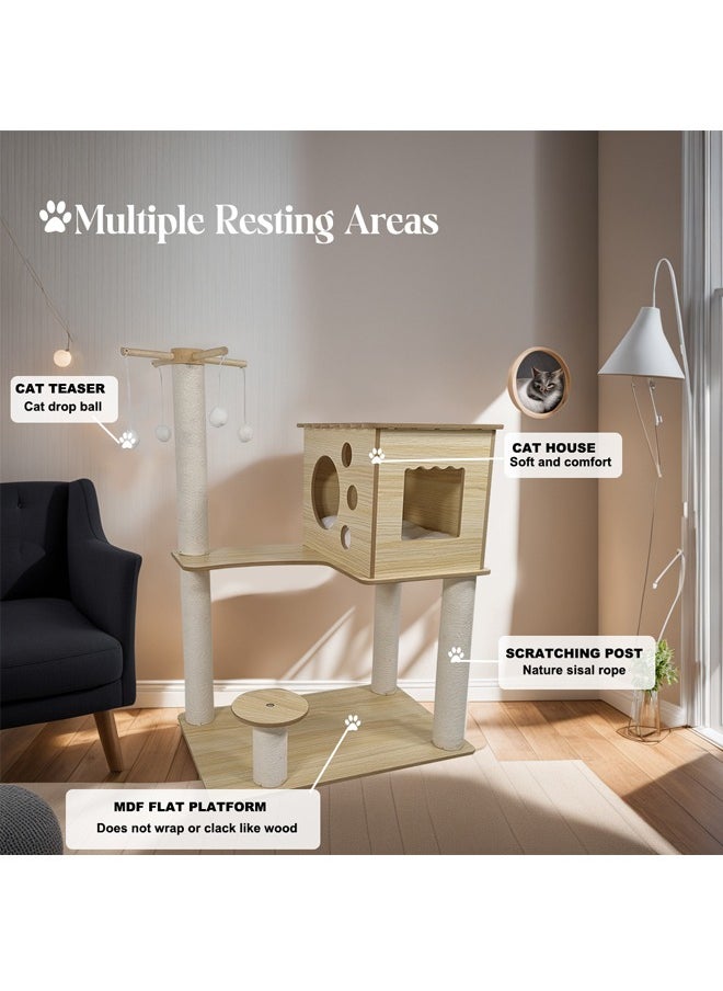MAJIBAO - Cat Tree Modern Cat Tower for Indoor Cats, Multilevel Cat Play House with Large Condo, Scratching Post and Dangling Balls, MDF Cat tree tower, Wooden Cat tree, 85cm - Image 1