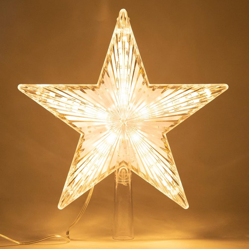 LAWOHO Christmas Tree Topper Star Warm White Light Christmas Tree Decor for Christmas Holiday Home Fit for General Size Xmas Tree, 8.7 Inch - Image 1