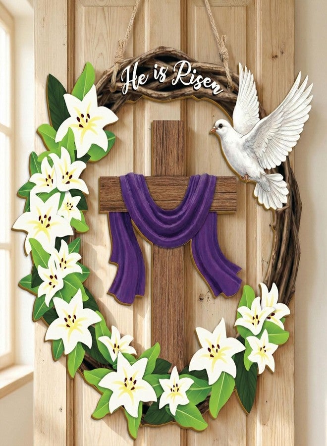 Musemory He is Risen Easter Wreath, Wooden Christian Cross Door Decor with Lily Flowers & Dove, Faith-Inspired Easter Hanging Sign for Front Door, Wall, Farmhouse Spring Decor - Image 5