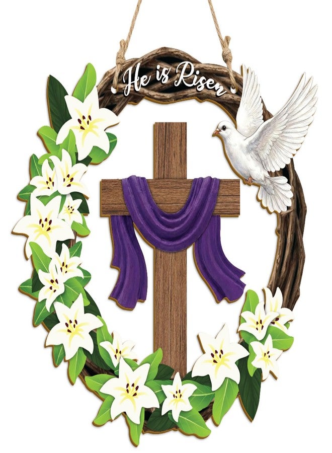 Musemory He is Risen Easter Wreath, Wooden Christian Cross Door Decor with Lily Flowers & Dove, Faith-Inspired Easter Hanging Sign for Front Door, Wall, Farmhouse Spring Decor - Image 1