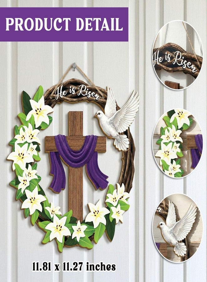 Musemory He is Risen Easter Wreath, Wooden Christian Cross Door Decor with Lily Flowers & Dove, Faith-Inspired Easter Hanging Sign for Front Door, Wall, Farmhouse Spring Decor - Image 2