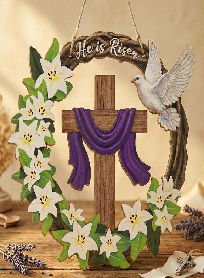 Musemory He is Risen Easter Wreath, Wooden Christian Cross Door Decor with Lily Flowers & Dove, Faith-Inspired Easter Hanging Sign for Front Door, Wall, Farmhouse Spring Decor - Image 3