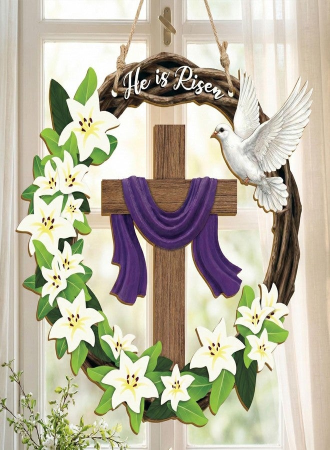 Musemory He is Risen Easter Wreath, Wooden Christian Cross Door Decor with Lily Flowers & Dove, Faith-Inspired Easter Hanging Sign for Front Door, Wall, Farmhouse Spring Decor - Image 4