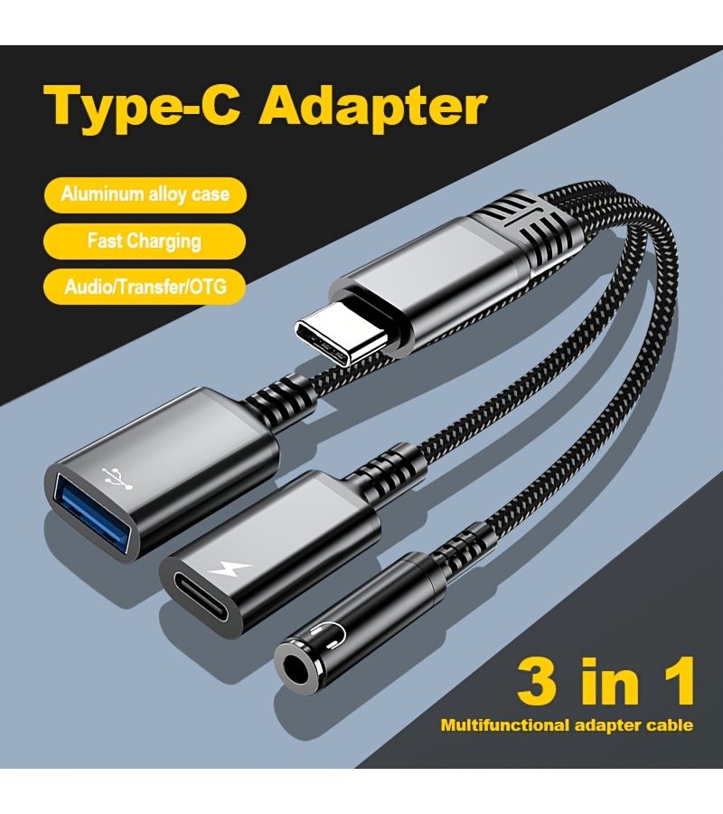 محول USB-C ثلاثي الواحد باللون الأسود مع مقبس صوتي 3.5 ملم ووحدة نقل OTG وشاحن سريع - Image 1