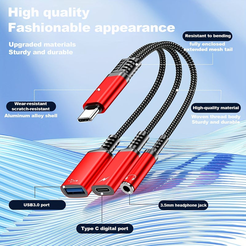 محول USB-C ثلاثي الواحد باللون الأسود مع مقبس صوتي 3.5 ملم ووحدة نقل OTG وشاحن سريع - Image 3