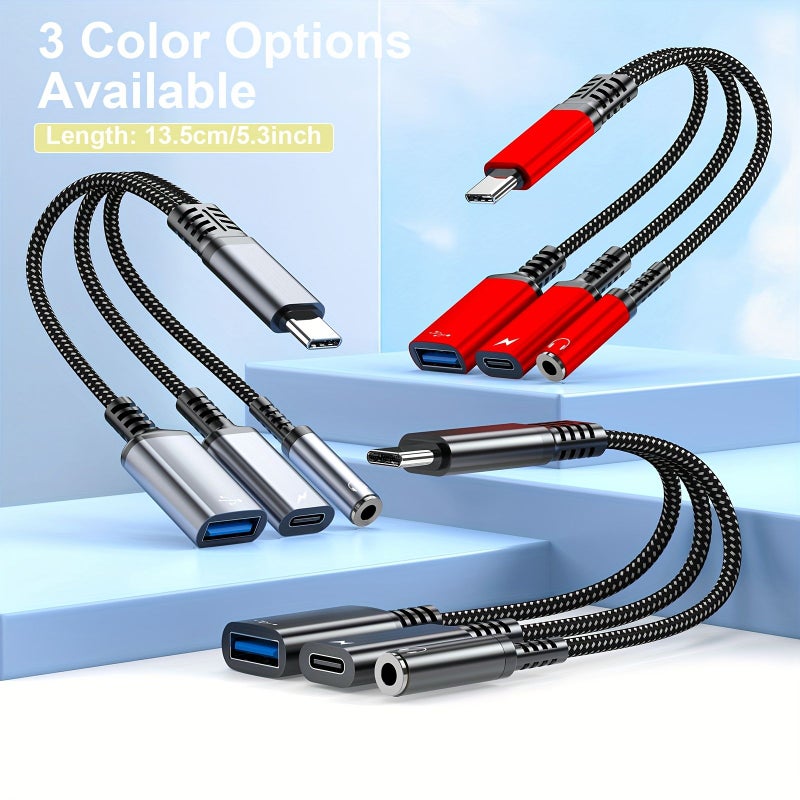 محول USB-C ثلاثي الواحد باللون الأسود مع مقبس صوتي 3.5 ملم ووحدة نقل OTG وشاحن سريع - Image 2