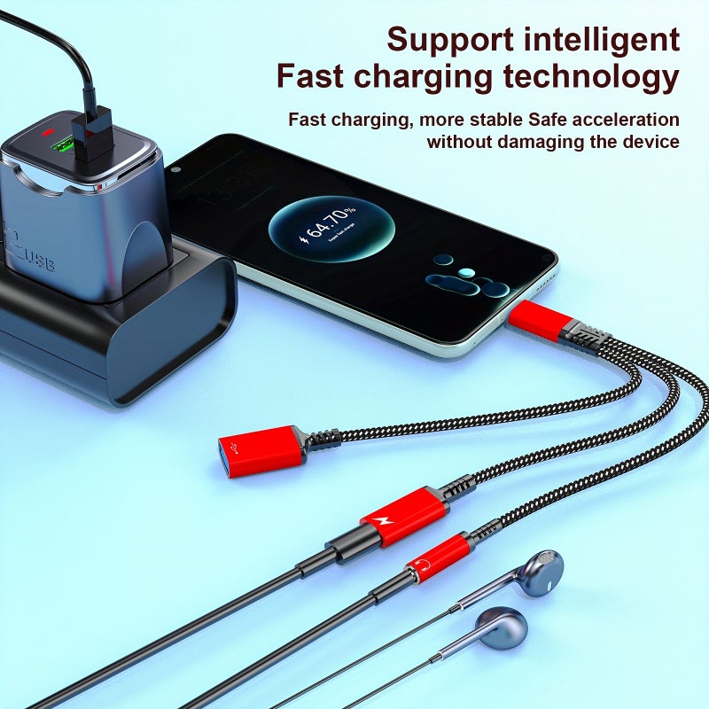محول USB-C ثلاثي الواحد باللون الأسود مع مقبس صوتي 3.5 ملم ووحدة نقل OTG وشاحن سريع - Image 5