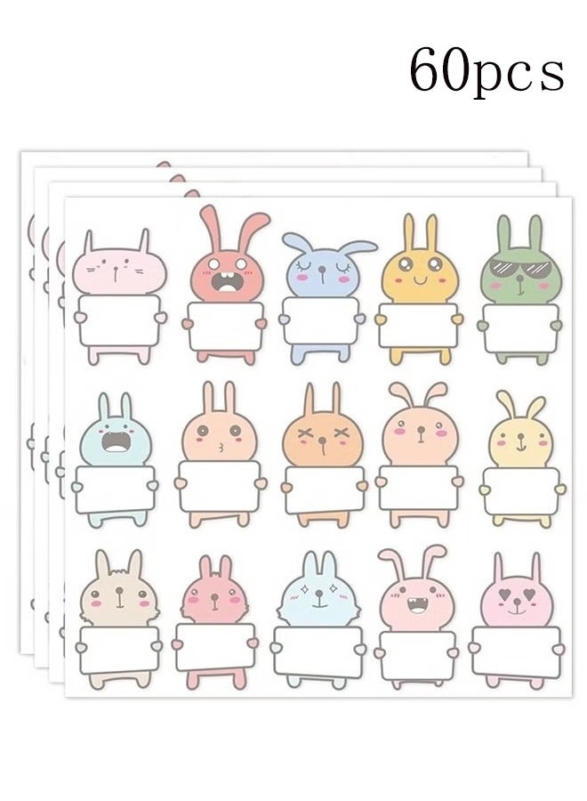 واي جيه ملصقات بطاقات الاسم للأطفال، 60 قطعة على شكل أرنب لطيف، ملصقات تشجيعية كرتونية رائعة للأطفال للمعلمين والمدرسة والمنزل ومستلزمات الفصل الدراسي - Image 1