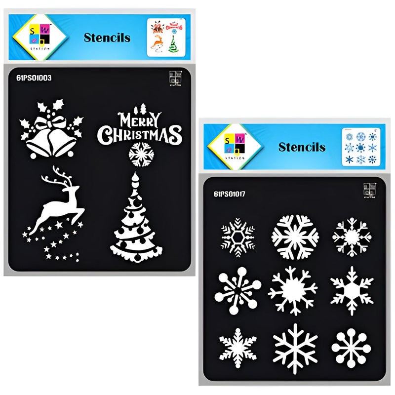 SWAGSTATION Stencils for Craft and Art Craft Bell Merry Xmas Snowflake Christmas Tree Stencil 6X6 Inches Reusable DIY Stencils for Painting Stencils for Fabric Painting