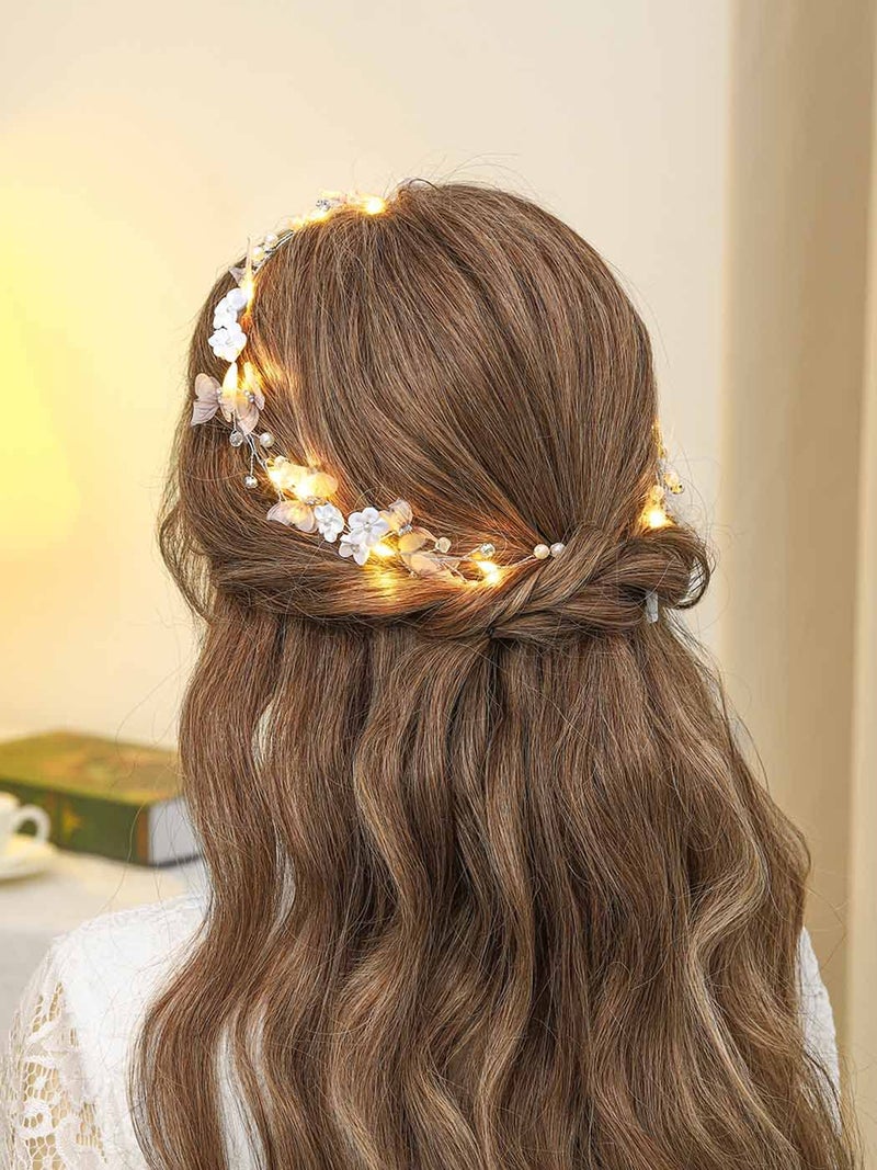 Unicra Butterfly Light up Headband Flower Bridal Wedding Hair Vine Silver Bride Hair Piece Pearl Hair Accessories for Women and Girls