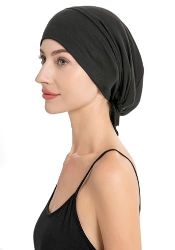 ZLYC Satin Lined Hijab Cap for Women Tie Back Hijab Undercap Inner Underscarf Hat (Solid Black) - Image 2