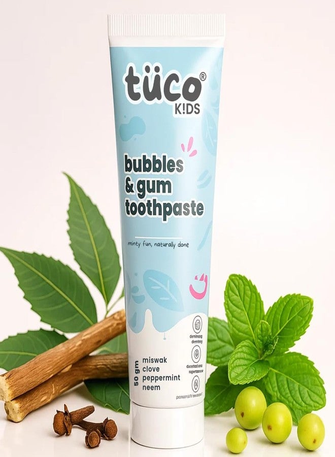Tuco® Kids Bubbles & Gum Anticavity Toothpaste | Peppermint Flavour | Fluoride for Cavity & Enamel Protection | No added Color | SLS Free | Infused with Clove, Neem & Miswak | Ages 4+ Years | 50gm (pack of 1) - Image 1