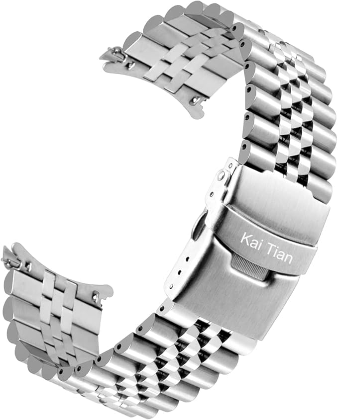Kai Tian Premium Stainless Steel Curved Ends HalfMoon 5 Beads Silver Metal 23mm Watch Band Strap Men Women Watch Band - Image 1