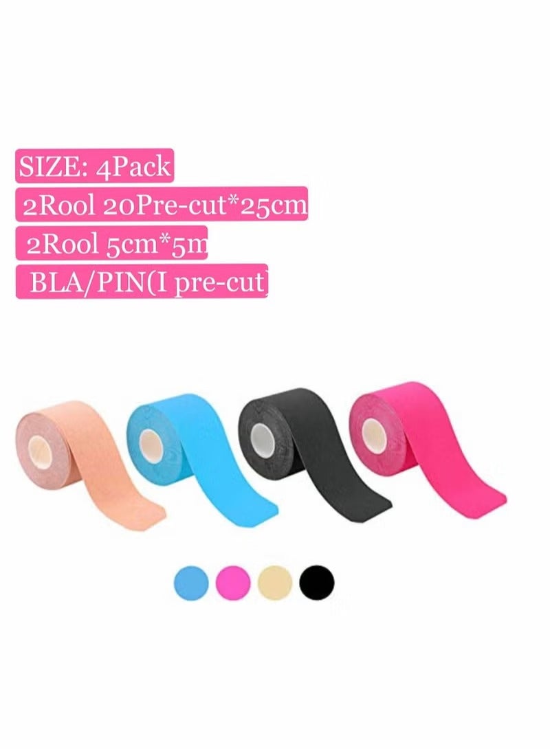 4 عبوات من الأشرطة الرياضية لعلم الحركة، 2 بكرة (20 شريطًا مقطوعًا مسبقًا 25 سم) 2 بكرة (5 سم 5 متر) شريط عضلي مناسب لكتف الكوع والخصر والركبة - Image 2