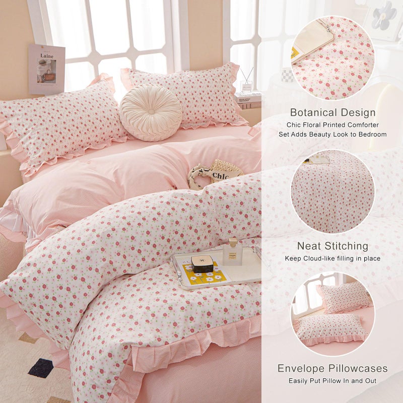 EAVD French Style Garden Pink Floral Comforter Set Queen Girls Fluffy Soft Microfiber Chic Shabby Floral Bedding Set with 2 Pillowcases Fresh Ruffled Botanical Comforter Set for All-Season - Image 3