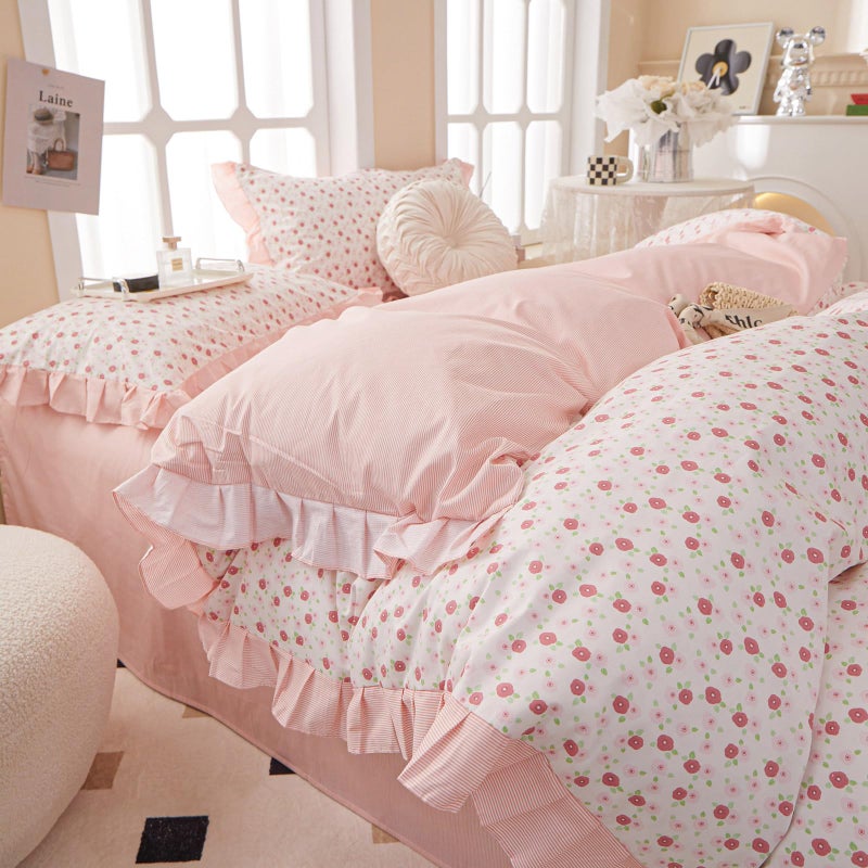 EAVD French Style Garden Pink Floral Comforter Set Queen Girls Fluffy Soft Microfiber Chic Shabby Floral Bedding Set with 2 Pillowcases Fresh Ruffled Botanical Comforter Set for All-Season - Image 1