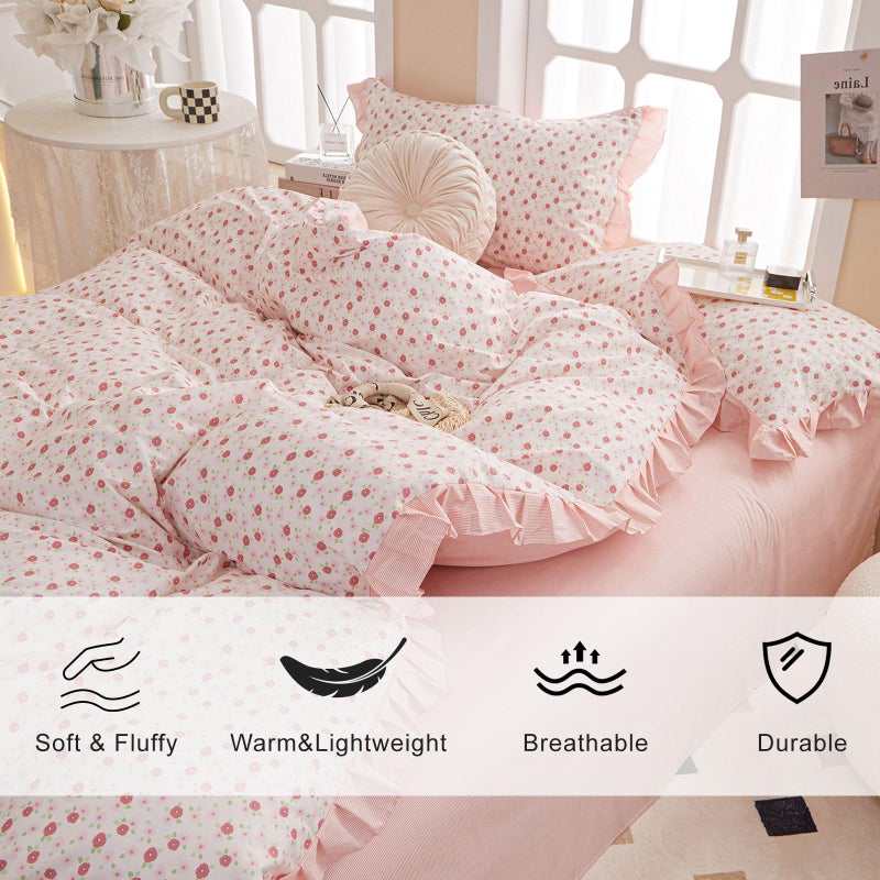 EAVD French Style Garden Pink Floral Comforter Set Queen Girls Fluffy Soft Microfiber Chic Shabby Floral Bedding Set with 2 Pillowcases Fresh Ruffled Botanical Comforter Set for All-Season - Image 2