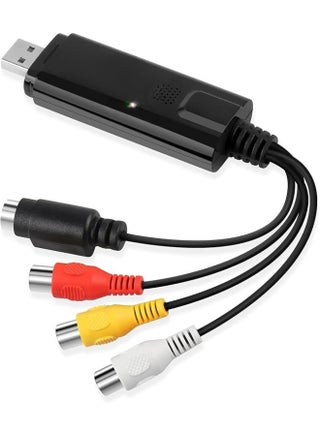 محول فيديو USB لتحويل الصوت والصورة من تناظري إلى رقمي – لنقل أشرطة VHS، DVD، الكاسيت، وأجهزة الألعاب – بعدد 2 منفذ – أداة التقاط بلون أسود وأبيض