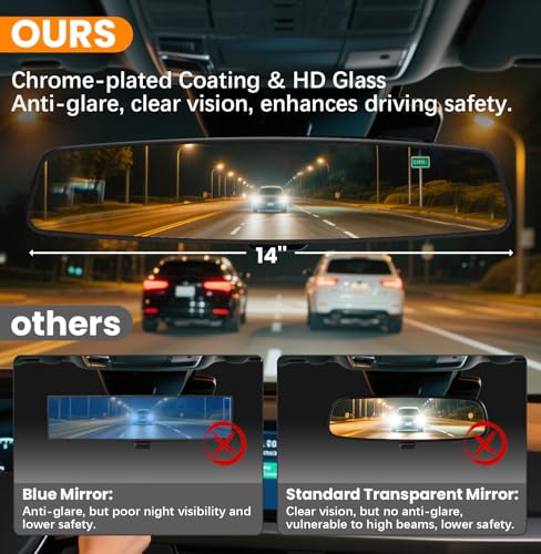 HmmtyRack Rear View Mirror, 14 Inch Chrome Anti-glare Panoramic Rear Mirrors Universal Convex Car Interior Clip on Extra Big Wide Angle Rearview Mirror Extender to Reduce Blind Spot for Car SUV Trucks - Image 2