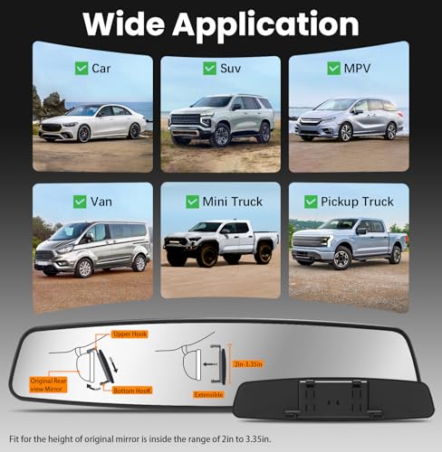 HmmtyRack Rear View Mirror, 14 Inch Chrome Anti-glare Panoramic Rear Mirrors Universal Convex Car Interior Clip on Extra Big Wide Angle Rearview Mirror Extender to Reduce Blind Spot for Car SUV Trucks - Image 4