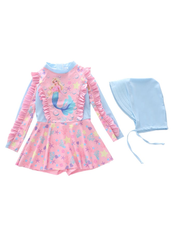 New Children's Swimsuit For Girls, One-piece Swimsuit For Children, Mermaid Sun Protection Long-sleeved Skirt-style Girls' Swimsuit
