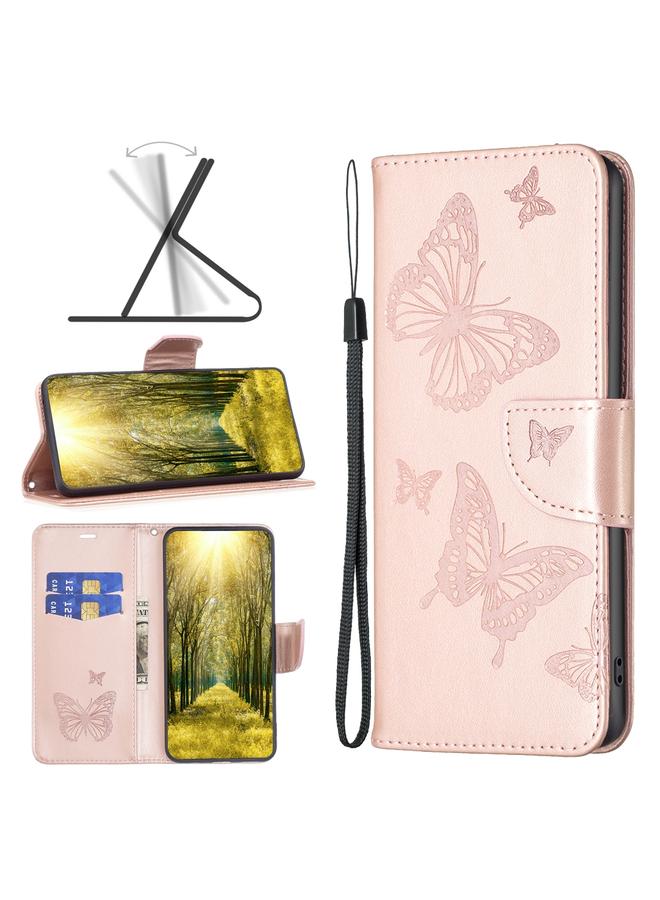 The Bros Case For Xiaomi Redmi 10 5G / Note 11E Two Butterflies Embossing Leather Phone Case