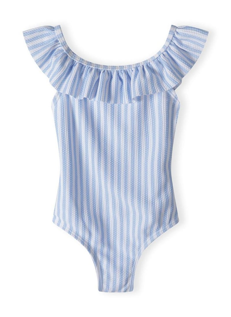 MINOTI Girls Striped Swimsuit with Ruffle Neckline - Image 1