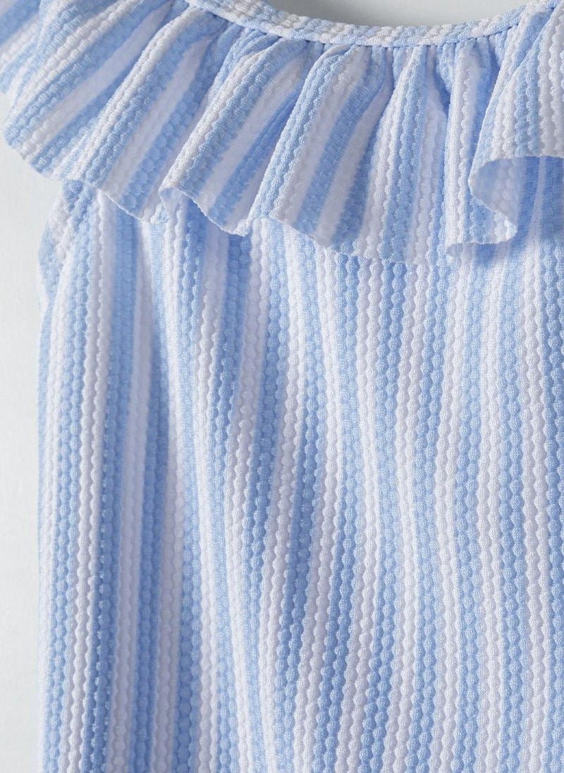 MINOTI Girls Striped Swimsuit with Ruffle Neckline - Image 3