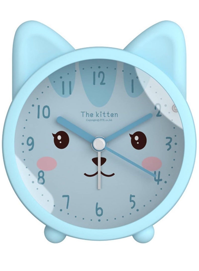 Captaintech Children Alarm Clock Silicone Cute Animal Kitten Silent Alarm Clock No Tick Sound with Night Light Alarm Clock for Bedside Desk Office Children Blue - Image 1