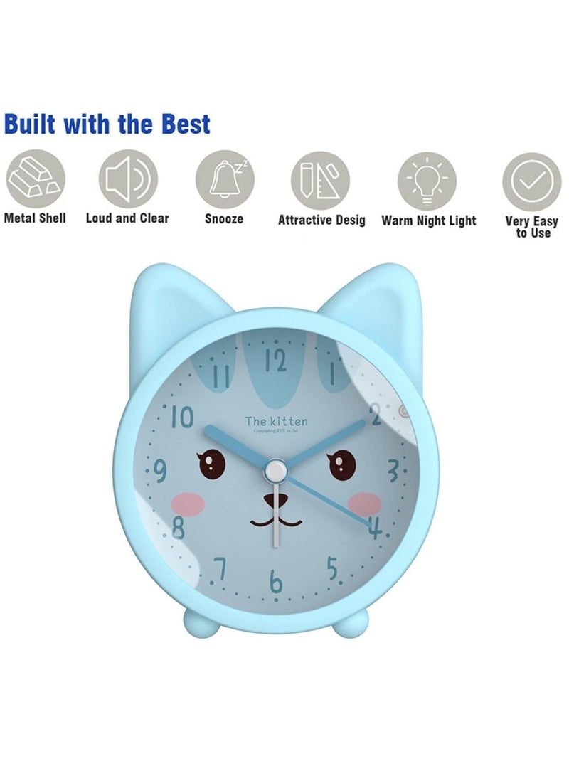 Captaintech Children Alarm Clock Silicone Cute Animal Kitten Silent Alarm Clock No Tick Sound with Night Light Alarm Clock for Bedside Desk Office Children Blue - Image 2