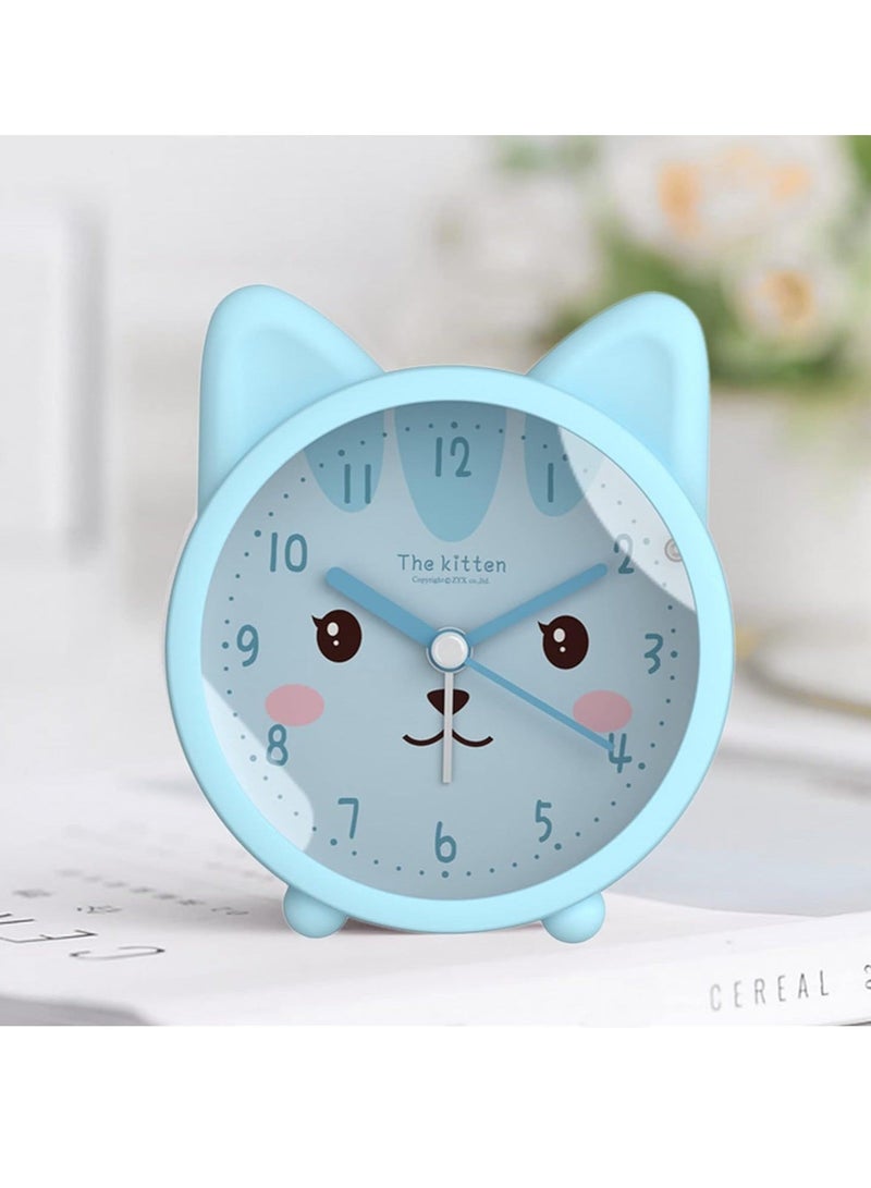 Captaintech Children Alarm Clock Silicone Cute Animal Kitten Silent Alarm Clock No Tick Sound with Night Light Alarm Clock for Bedside Desk Office Children Blue - Image 4