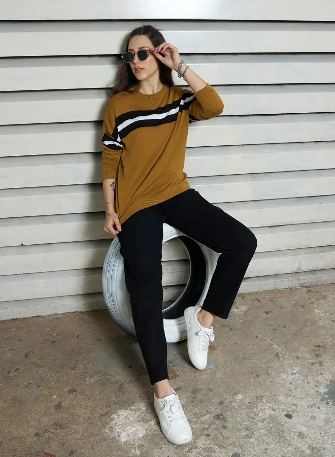 HIGH STAR Women's Multicolour 100% Cotton Striped Regular Fit Top