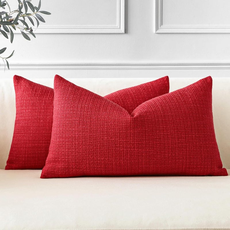 OTOSTAR Pack of 2 Throw Pillow Covers 12x20 Inch Linen Red Pillowcases Christmas Decorative Solid Pillow Covers 30x50 cm Lumbar Cushion Case for Home Decor Sofa Couch Bed (Red) - Image 1