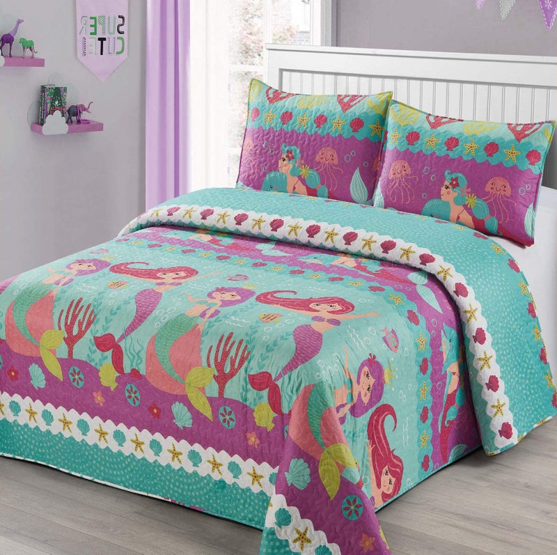 Kids Zone Home Linen 2 pc Twin Size Quilt Bedspread KidsTeens Mermaid Dolphin Under The sea Branches Sea Life Purple Pink Teal Girls Multicolor Bedding New 