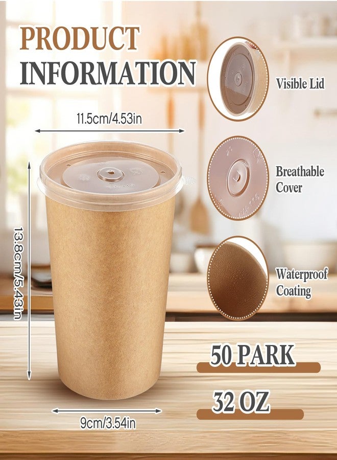 Sabary 50 Pack 32oz Paper Soup Containers with Lids Disposable Kraft Food Containers Bulk Disposable Go Hot Soup Bowls Food Storage Microwavable and Freezer for Restaurants,Take Outs,Party Supplies - Image 2