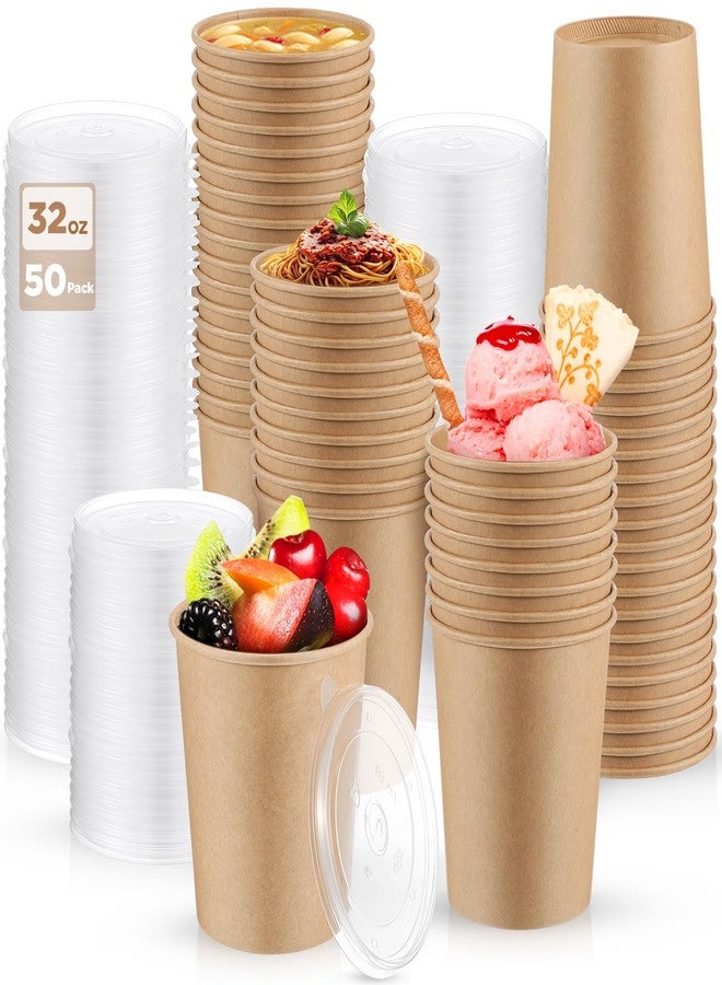 Sabary 50 Pack 32oz Paper Soup Containers with Lids Disposable Kraft Food Containers Bulk Disposable Go Hot Soup Bowls Food Storage Microwavable and Freezer for Restaurants,Take Outs,Party Supplies - Image 1