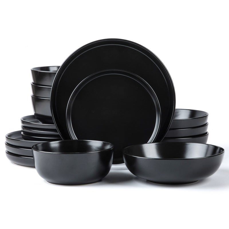 ARORA SKUGGA Round Stoneware 16pc Double Bowl Dinnerware Set for 4 Dinner Plates Side Plates Cereal Bowls Pasta Bowls  Matte Black 467586