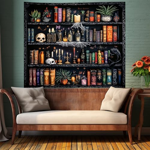 Algasan Magic Bookshelf Tapestry Magical Book Tapestry Gothic Witchy Vintage Library Skull Potion Black Cat Candle Botanical Backdrop for Bedroom Living Room Dorm 59.1 x 51.2 Inches - Image 3