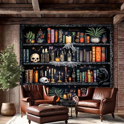 Algasan Magic Bookshelf Tapestry Magical Book Tapestry Gothic Witchy Vintage Library Skull Potion Black Cat Candle Botanical Backdrop for Bedroom Living Room Dorm 59.1 x 51.2 Inches - Image 5