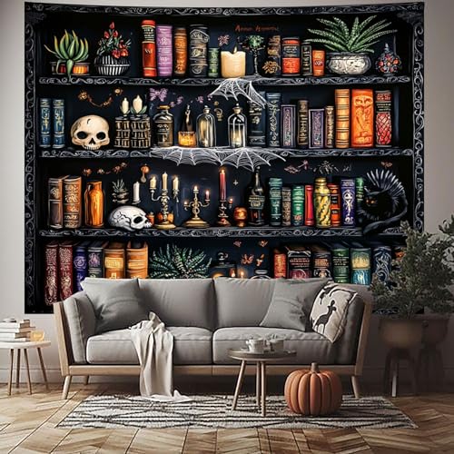 Algasan Magic Bookshelf Tapestry Magical Book Tapestry Gothic Witchy Vintage Library Skull Potion Black Cat Candle Botanical Backdrop for Bedroom Living Room Dorm 59.1 x 51.2 Inches - Image 4