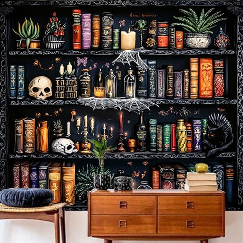 Algasan Magic Bookshelf Tapestry Magical Book Tapestry Gothic Witchy Vintage Library Skull Potion Black Cat Candle Botanical Backdrop for Bedroom Living Room Dorm 59.1 x 51.2 Inches - Image 1