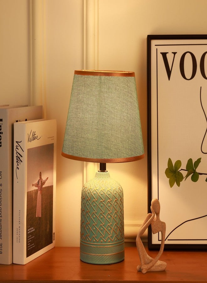HOME ELEMENTS Ceramic Led Table Lamp With Fabric Shade, Modern Bedside Night Light For Bedroom Living Room, Study Lamp, Reading Desk Lamp, Nightstand Lamp, Home Decor Items 19.5X33Cm (Shadow Green) - Image 1