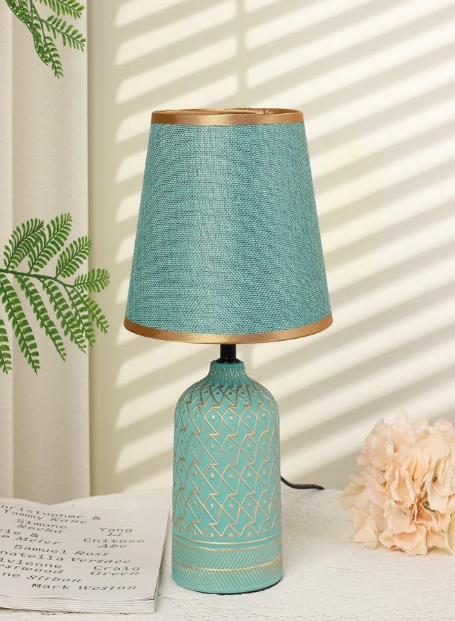 HOME ELEMENTS Ceramic Led Table Lamp With Fabric Shade, Modern Bedside Night Light For Bedroom Living Room, Study Lamp, Reading Desk Lamp, Nightstand Lamp, Home Decor Items 19.5X33Cm (Shadow Green) - Image 3