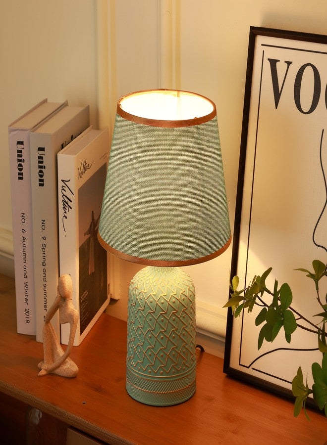 HOME ELEMENTS Ceramic Led Table Lamp With Fabric Shade, Modern Bedside Night Light For Bedroom Living Room, Study Lamp, Reading Desk Lamp, Nightstand Lamp, Home Decor Items 19.5X33Cm (Shadow Green) - Image 2