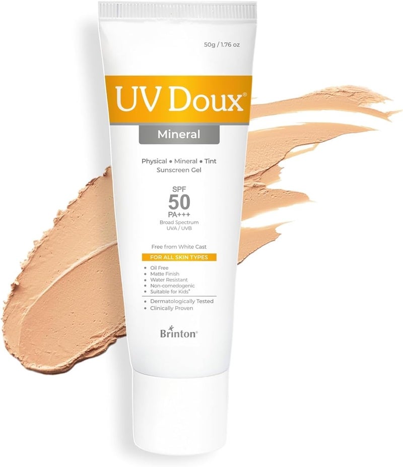 Brinton UV Doux Tinted Mineral Reef Safe Sunscreen Gel with SPF 50 | 100% Physical Mineral Sunscreen with Zinc Oxide & Titanium Dioxide | No White Cast | Matte Finish | Suitable for Kids | For All Skin Types - Image 1