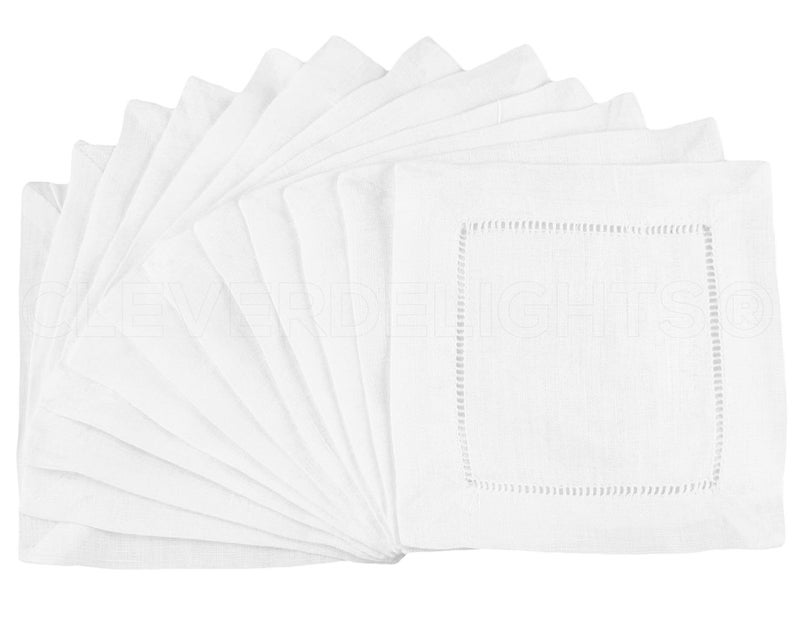 CleverDelights White Hemstitch 6 Cocktail Napkins 12 Pack 5545 Linen Cotton Blend